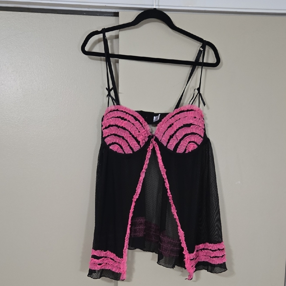 Black Sheer Babydoll Lingerie Bra Style Top with Pink Ruffle Accents Size 3X
